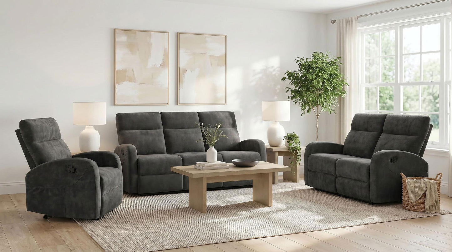 Hamilton 3-piece Chenille Manual Reclining Sofa Set Charcoal Grey