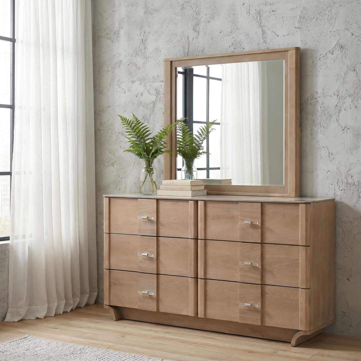 Leanne 6-drawer Sinter Stone Top Dresser and Mirror Light Oak