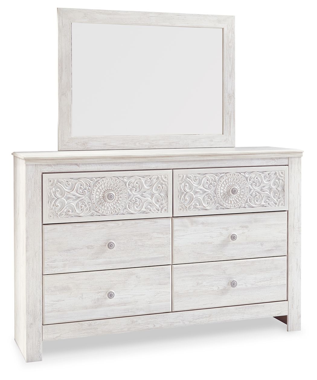 Paxberry - Dresser, Mirror - Medallion Drawer Pulls - Whitewash
