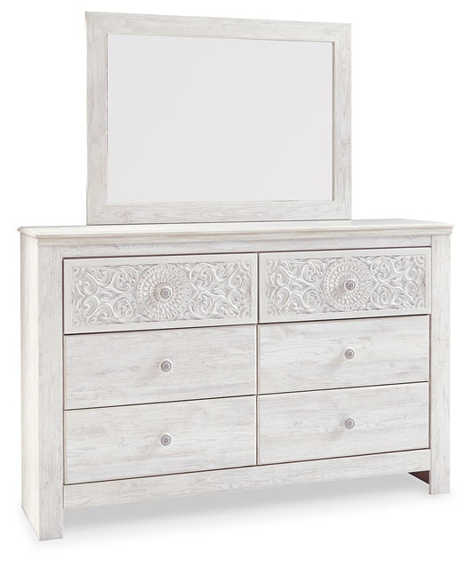 Paxberry - Dresser, Mirror - Medallion Drawer Pulls - Whitewash