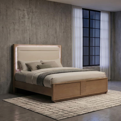 Leanne Eastern King LED Panel Bed Off White and Light Oak