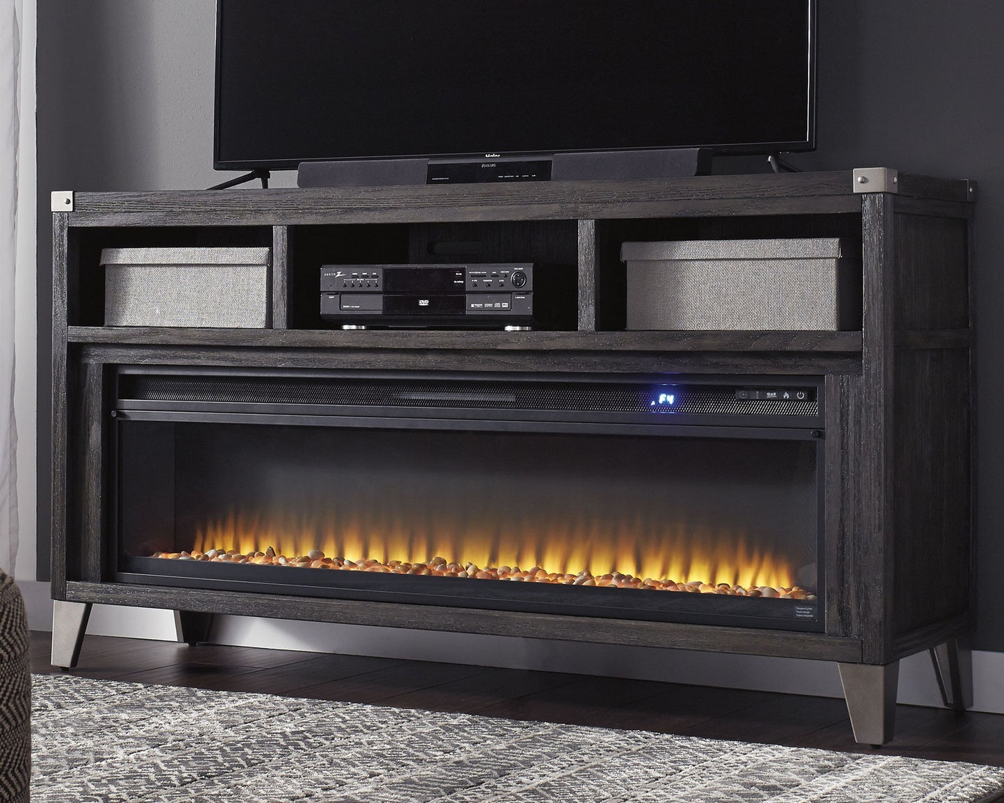 Todoe - 2 Pc. - 65" TV Stand With Wide Fireplace Insert - Gray